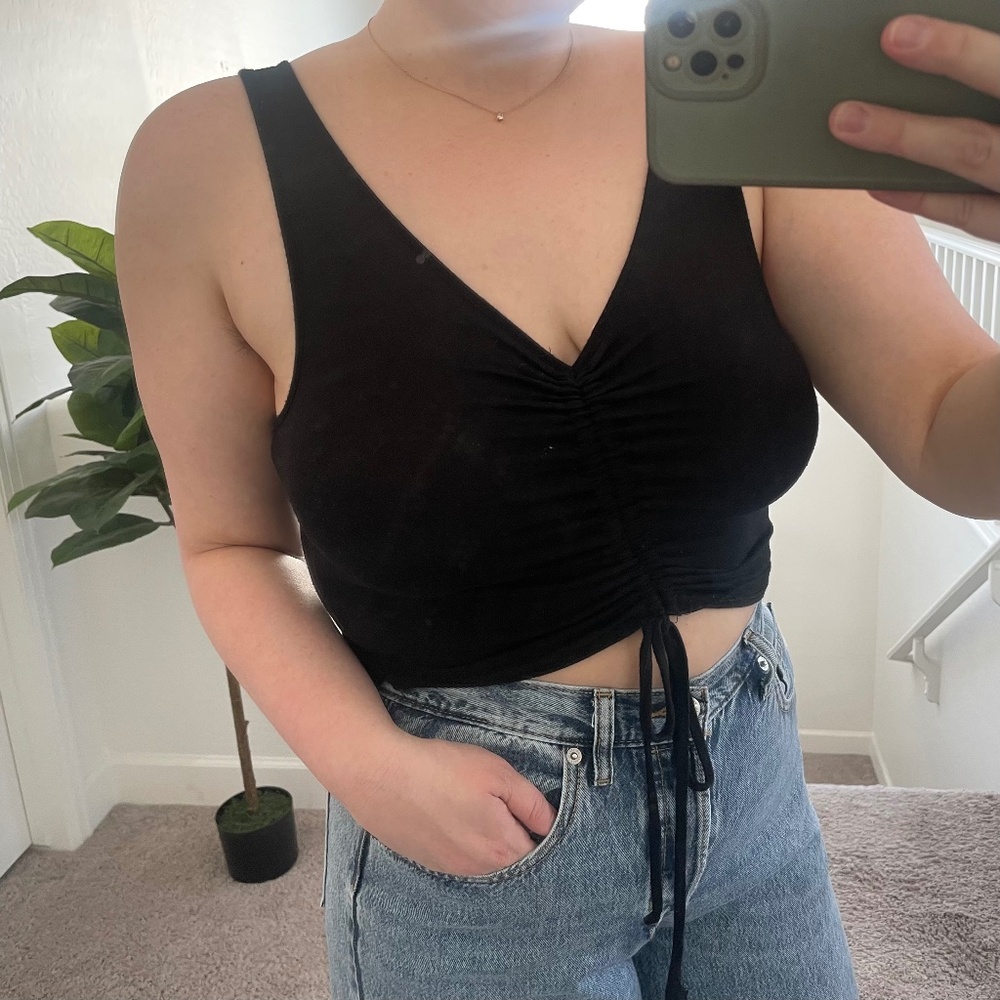 Cinch Front Cinched Tie Ruched Party Hipster Hippie Trendy Crop Cropped Tank Top